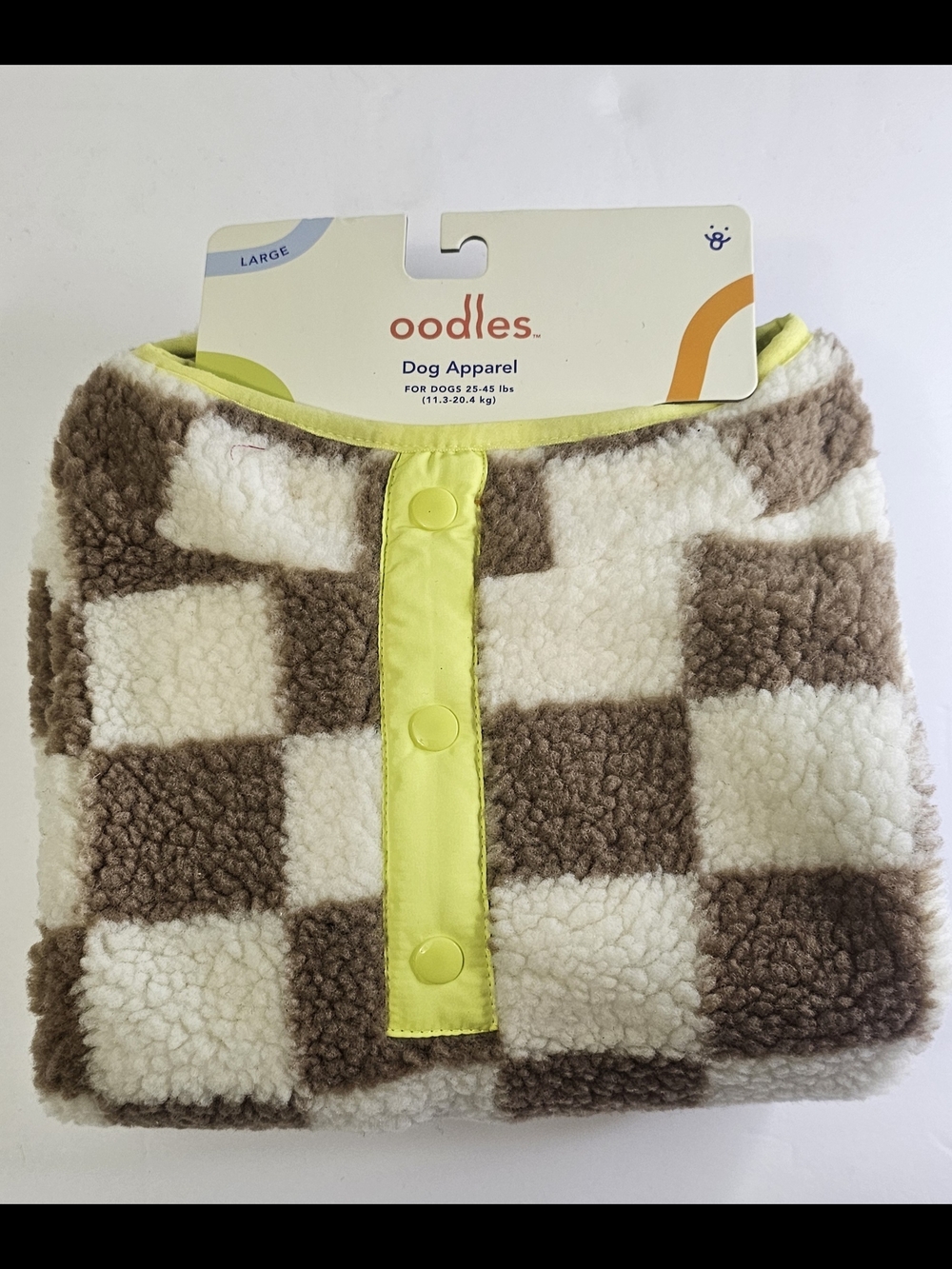 Oodles Brown & Cream Check Sherpa Dog Coat with Yellow Trim
